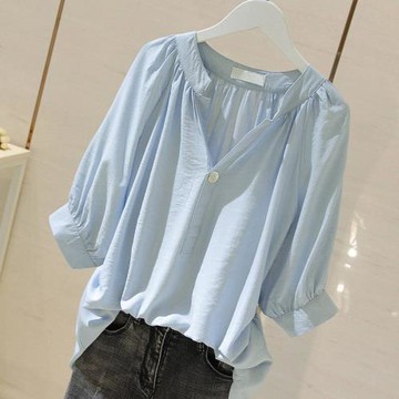 雪紡襯衣女2025夏裝新款v領短袖t恤上衣胖mm寬松顯瘦內搭打底小衫