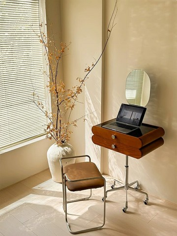 免運速發開發票 北歐可移動梳妝臺包豪斯實木不銹鋼梳妝桌復古實木化妝桌帶鏡一體