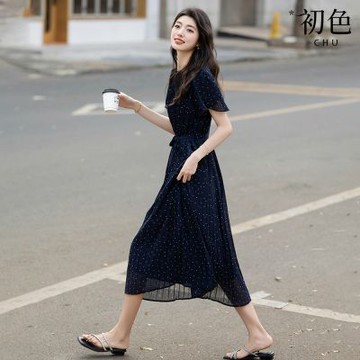 初色 法式波點印花壓褶荷葉邊綁帶收腰顯瘦圓領短袖連衣裙連身洋裝長洋裝-藏青色-14149(M-2XL可選)