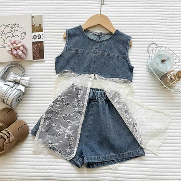 Mini baby🌷夏季韓系設計感軟牛仔套裝洋氣蕾絲拼接上衣短褲兩件套