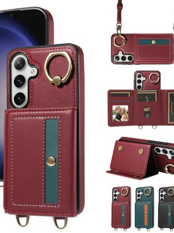 適用三星S24Ultra卡包手機殼S23+插卡S21FE零錢包S22指環支架A05帶卡槽A55真皮套A35斜