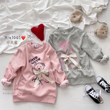 🌈✨mix1001中大童❤️編織緞帶禮物熊上衣✨兒童小熊印圖蝴蝶結上衣 120-165