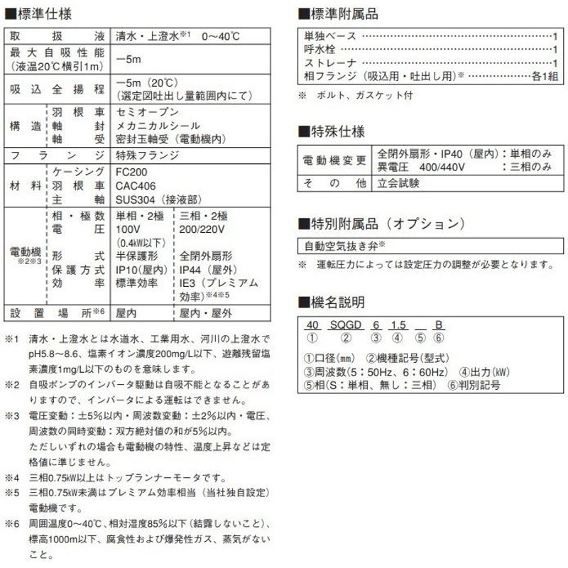 エバラポンプ 自吸式ポンプ 40SQFD6.75B 60HZ/200V 給水ポンプ 排水