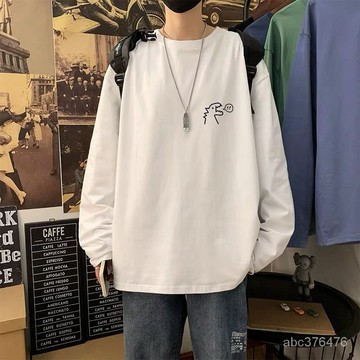 简笔恐龙长袖T恤男女春秋季薄款内搭白色宽松大码百搭打底衫上衣