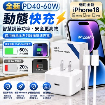 PD40W動態快充頭 峰值60W 適用iPhone18 17 16 15 iPad 蘋果i18快充組 低溫不傷機豆腐頭