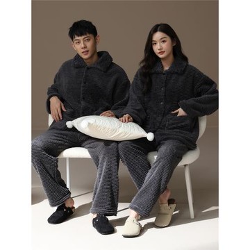 「加厚加絨」秋冬情侶睡衣男女珊瑚絨新款長袖毛絨保暖家居服套裝