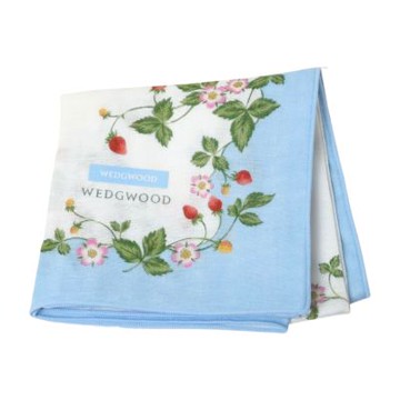 WEDGWOOD 野草莓圖騰字母LOGO圖騰紗布帕巾(白底/水藍邊/46CM)