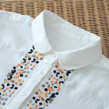 出口原單日系文藝風彩線立體刺繡 雙層棉紗全棉白襯衫小清新女裝