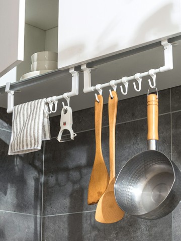 優購生活 吊柜下五連掛鉤櫥柜免打孔置物神器廚房柜門卡夾排鉤掛桿無痕掛架