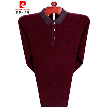 皮爾卡丹羊絨衫男翻領薄款中年商務爸爸純羊絨毛男士針織打底毛衣