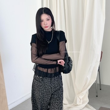 【造型小心機】DOMISS 網紗假兩件上衣-2色 層次感 拼接長袖上衣 (現貨)