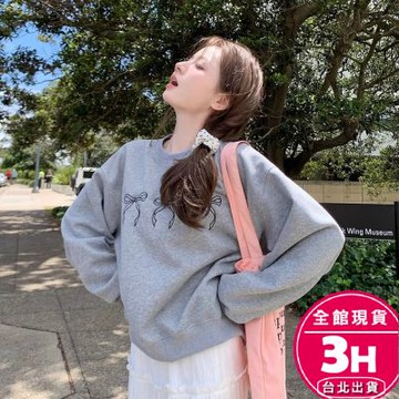 【梨卡】隔日到貨 女裝 上衣 長袖 圓領上衣 寬鬆衛衣 蝴蝶結長袖 刺繡上衣 休閒上衣 百搭 WT428【現貨24H】