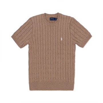 Polo Ralph Lauren RL 圓領熱銷刺繡小馬麻花針織毛衣(女)-(短袖款)-淺咖啡色