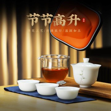 蓋碗快客杯一壺三杯羊脂玉白瓷戶外旅行陶瓷茶具套裝便攜式收納袋