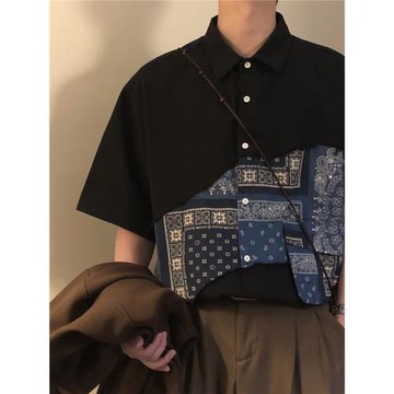 NAGAWL夏季美式復古潮牌撞色拼接民族風寬松休閑短袖襯衫上衣男女