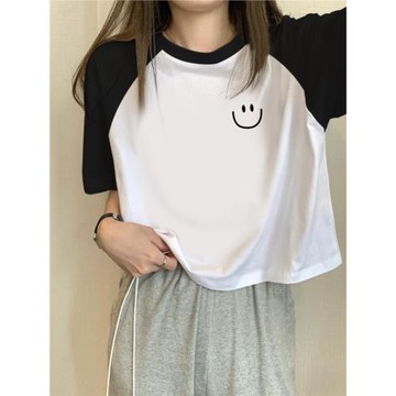 短袖t恤女甜辣棉質插肩夏季ins短款大版高腰獨特小個子慵懶風上衣