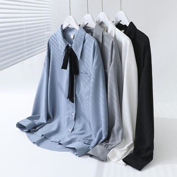 胖妹妹2022年春秋裝新款胖mm遮肉襯衣大碼寬松領結襯衫女潮200斤