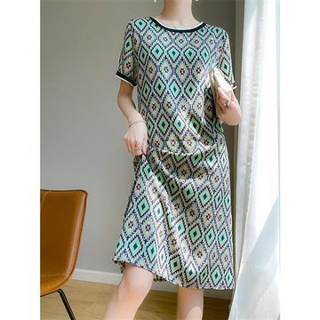 【巴黎精品】洋裝短袖連身裙-印花絲質緞面中長款女裙子2色a1iz41