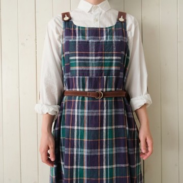 棉麻混紡 吊帶洋裝 藍色馬德拉斯格紋