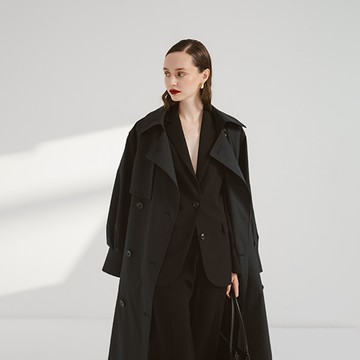 INC/REPURPOSE 環保女性高訂雙排釦長版風衣外套(黑色) - S