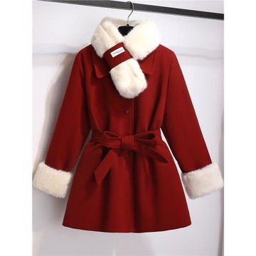 赫本風紅色毛呢外套夾棉加厚女2025秋冬新款過年戰袍妮子大衣收腰