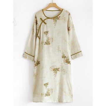 古風優雅中國風盤扣文藝復古竹纖維棉女士長袖家居睡裙可外穿春秋