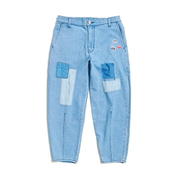 江戶勝 日系 男裝 後鬆緊補丁雷射丹寧錐形牛仔褲(拔淺藍) #褲子