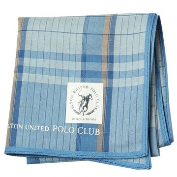 ELTON POLO CLUB 淺藍格紋騎馬標字母LOGO圖騰帕巾(44CM)