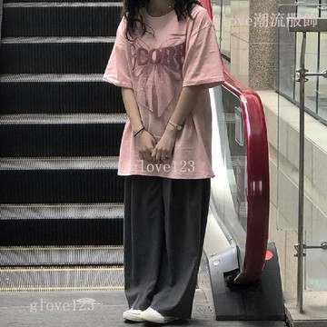 【夏季新款】女學生寬鬆蝴蝶短袖T恤 休閒闊腿褲 兩件套裝 ins潮 短袖 闊腿褲