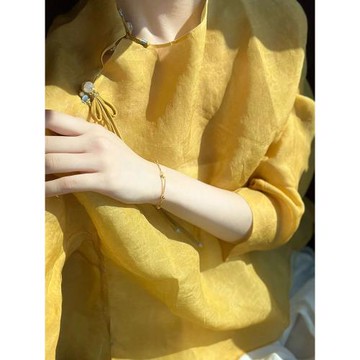 法式氣質新中式復古國風2025新款盤扣洋氣減齡別致黃色襯衫上衣女