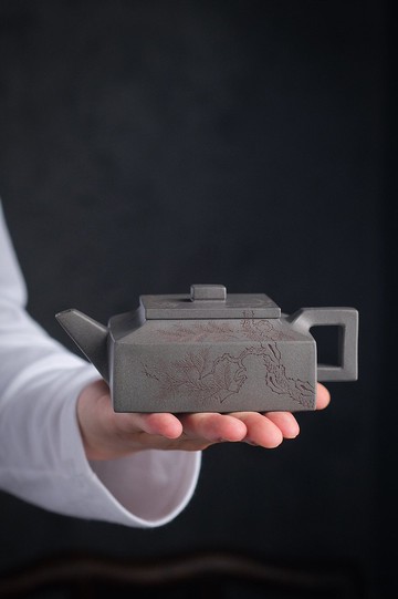 送禮紫砂壺茶壺方山逸士 原矿精品青灰泥 刻绘松针唯美自然 生动