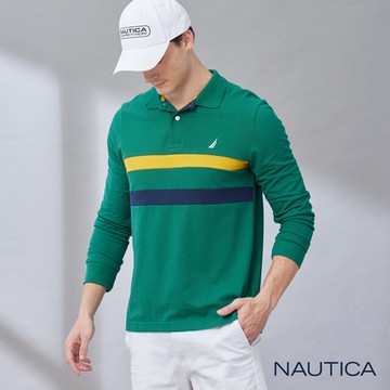 Nautica男裝 吸濕排汗條紋長袖POLO衫-綠色