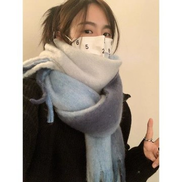 韓版秋冬新款漸變色高級馬海毛圍巾女保暖防寒情侶仿羊絨披肩圍脖