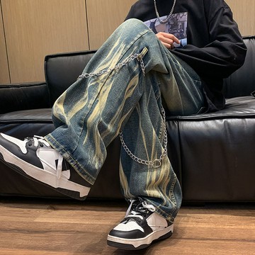 YLIE 火焰紥染牛仔褲 男生牛仔褲 九分褲美式高街hiphop褲子 潮牌扎染棕色牛仔褲男 寬松直筒闊腿褲 休閑褲男長褲