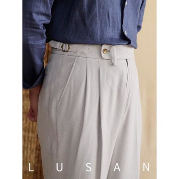 鹿三先生夏季麻棉混紡高端那不勒斯高腰直筒褲復古透氣休閑長褲男