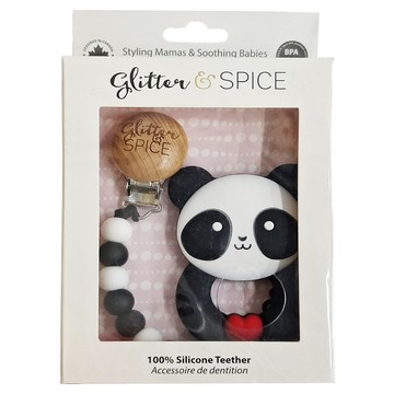 glitter&SPICE 固齒器奶嘴鍊夾組 100%食品級矽膠 造型可愛易抓握  胖達 黑色 + 白色  1組