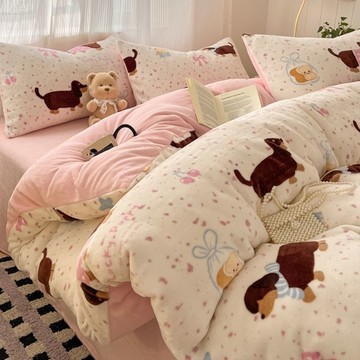 A類母嬰級床包組 可愛卡通牛奶絨床包四件套 床單 床包 被套 加厚保暖 雙人床包組 雙人加大床包組