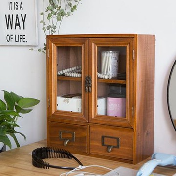 復古木制抽屜式儲物柜化妝品防塵收納盒透明玻璃門香水整理展示架