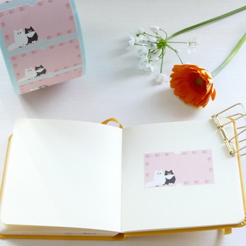 放大版手開票機貼紙 – 花與長毛貓 (12 枚入)