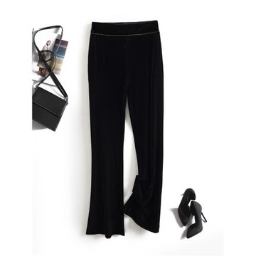 "一條入秋" 修長顯瘦 重工珠鏈松緊高腰修身微喇絲絨長褲休閑褲女