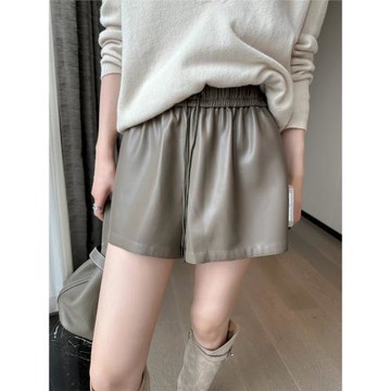 PINKEEN灰咖色高腰顯瘦pu皮休閑褲女秋季2025新款簡約a字氣質短褲