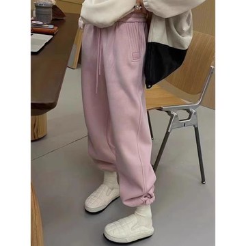 粉色笑臉加絨衛褲女春秋2025新款高腰顯瘦寬松休閑束腳哈倫運動褲