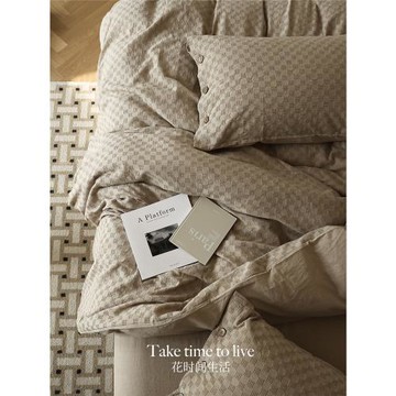 北歐輕奢華夫格水洗棉四件套A類裸睡全棉棋盤格簡約復古床笠床品