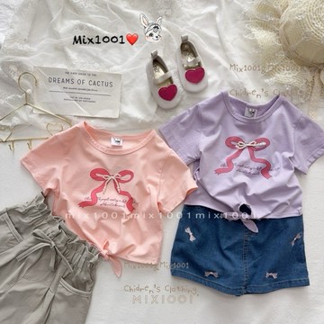 🌈✨mix1001優雅立體蝴蝶結🎀珍珠短版上衣✨兒童造型綁帶短版上衣5-17