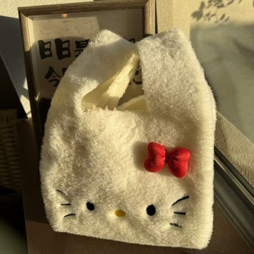 kitty手提包 兔毛刺繡HelloKitty新款女包貓咪蝴蝶蝶結毛絨手提包大容量暖手