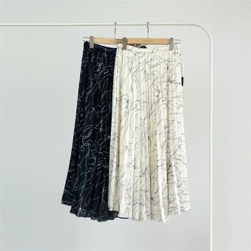 藝術手繪線條 大氣優雅春季高腰百褶裙 中長款半身裙松緊腰