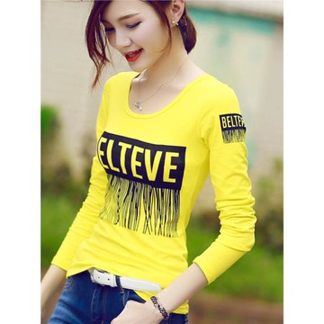 2025春裝新款女裝韓版修身顯瘦長袖t恤女 流蘇印花純棉打底衫上衣