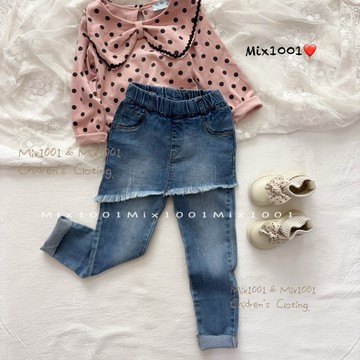 🌈✨韓版 長腿女孩牛仔褲中裙✨兒童抽鬚裙襬牛仔褲 5-13