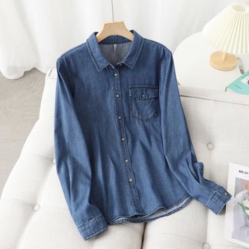 春秋新款小個子藍色牛仔襯衫女短款顯瘦疊穿寬松襯衣外套內搭上衣