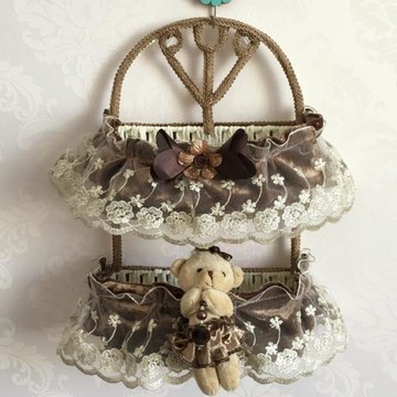 高檔雙層小熊掛籃吊籃掛袋籃筐蕾絲藤編收納籃蕾絲掛籃掛飾墻掛